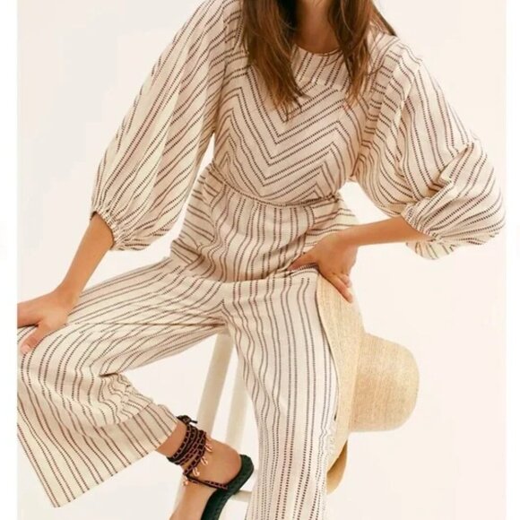 Free People Cream Brown Lightweight Kenny Striped One-Piece Jumpsuit Size Medium - Picture 3 of 11